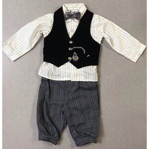 Vintage 4 Piece Boys 2T Set Velvet Vest w/“Pocket Watch” Pants Bow Goodlad Shirt